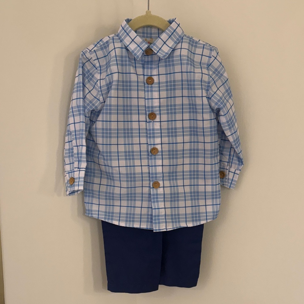Classic Blue Checkered Kids Button-Down Shirt and Pants